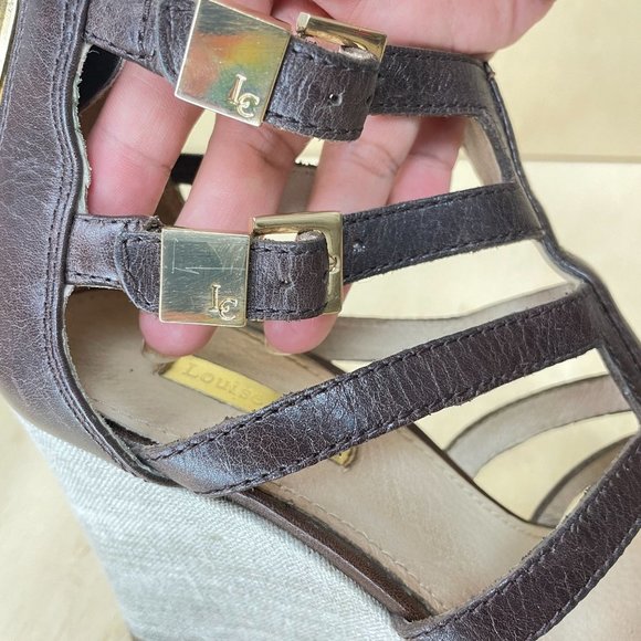 LOUISE ET CIE OPIO Sz 38/8 Brown Leather Tweed Wedges Multi-strap Sandals - Picture 7 of 12